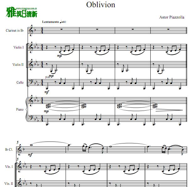 皮亚佐拉 遗忘 Oblivion单簧管小提大提钢琴合奏谱