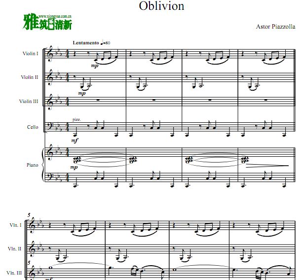 皮亚佐拉 oblivion 三小提大提钢琴五重奏谱