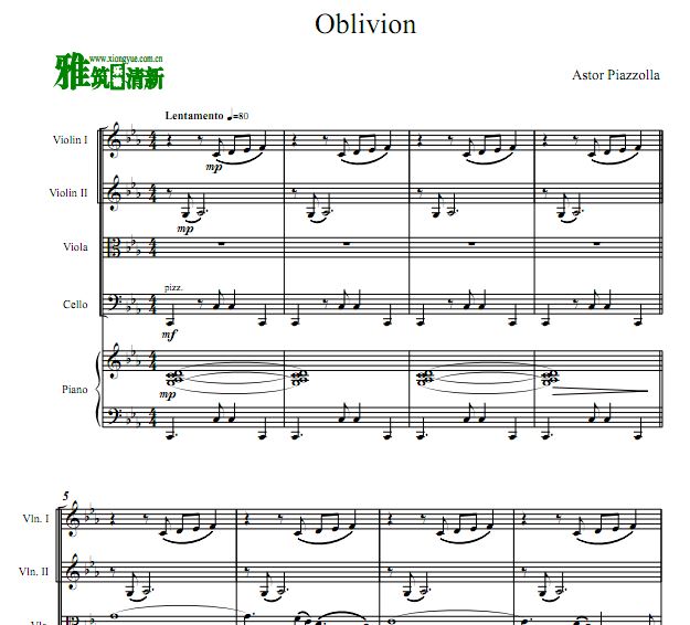 皮亚佐拉 遗忘 oblivion钢琴五重奏谱