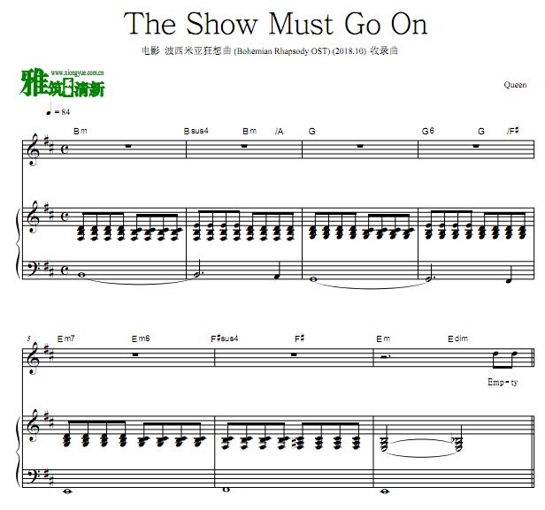 电影波西米亚狂想曲插曲 Queen - The Show Must Go On 正谱 歌谱