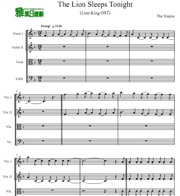 The Lion Sleeps Tonight 狮子王插曲弦乐四重奏谱