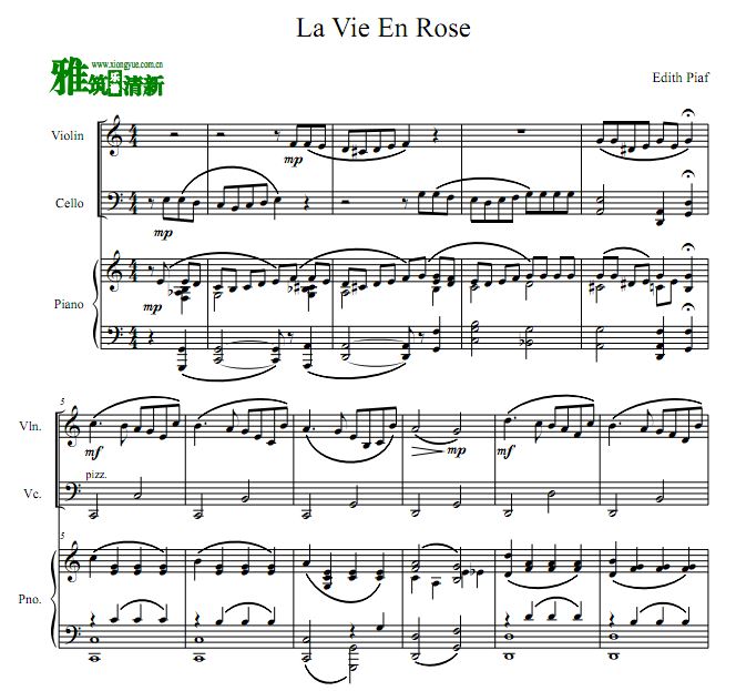 玫瑰人生小提琴大提琴钢琴合奏谱 La Vie En Rose 钢琴三重奏谱 