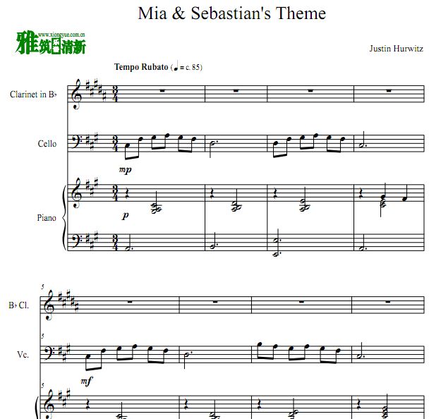 Mia & Sebastian's Theme 爱乐之城单簧管大提琴钢琴三重奏谱