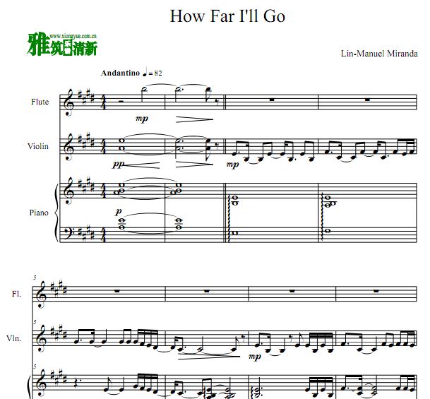 How Far I'll Go长笛小提琴钢琴合奏谱