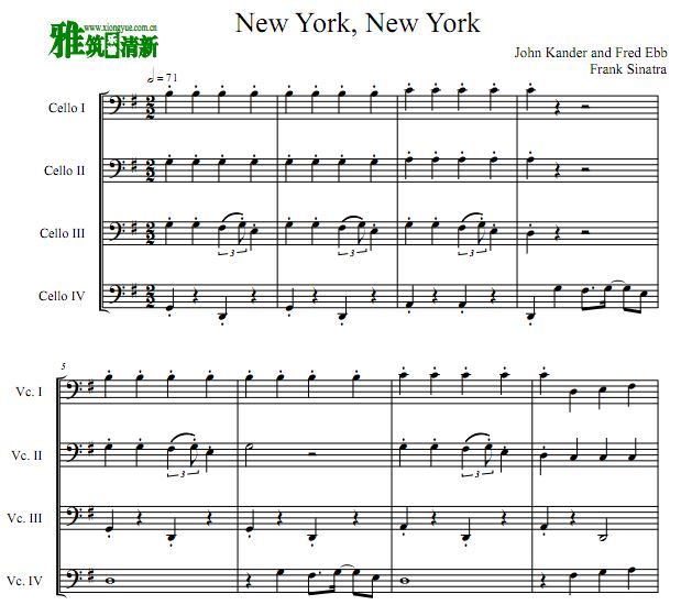 New York, New York 大提琴四重奏谱