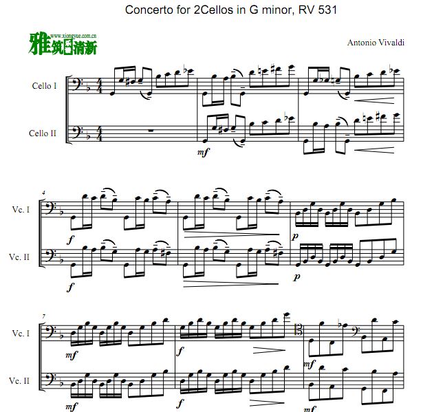 维瓦尔第 g小调双大提琴协奏曲 大提琴二重奏谱