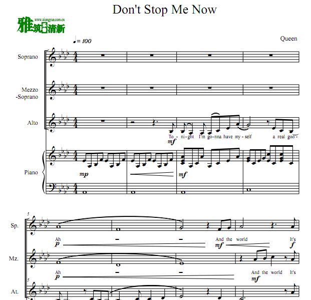 Don't Stop Me Now 女声三声部合唱钢琴伴奏谱