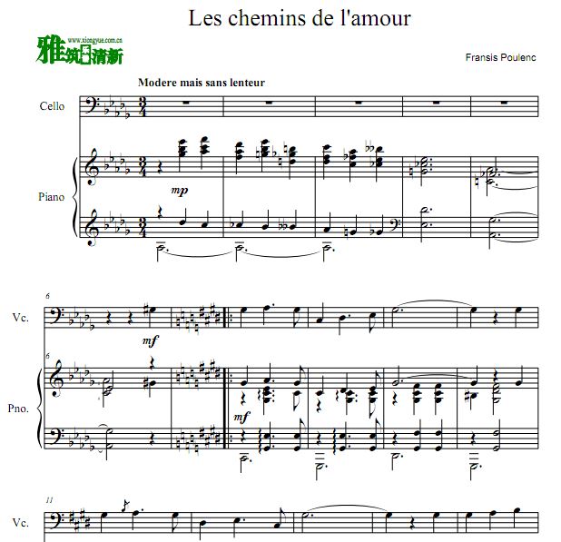 爱的小径 Les Chemins De L'amour大提琴钢琴合奏谱 