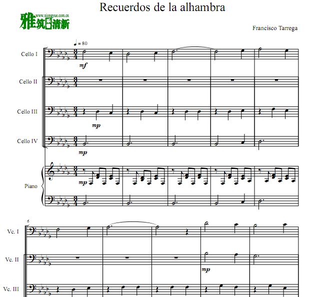 Recuerdos de la Alhambra大提琴钢琴五重奏谱