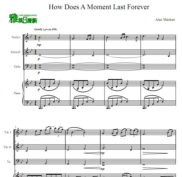 How Does a Moment Last Forever 二小提大提钢琴四重奏谱