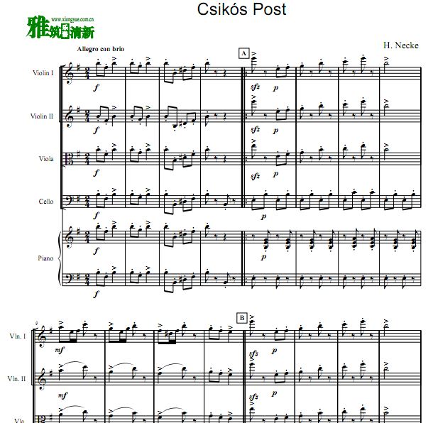 邮递马车钢琴五重奏谱 Csikos Post 2小提中提大提钢琴合奏谱