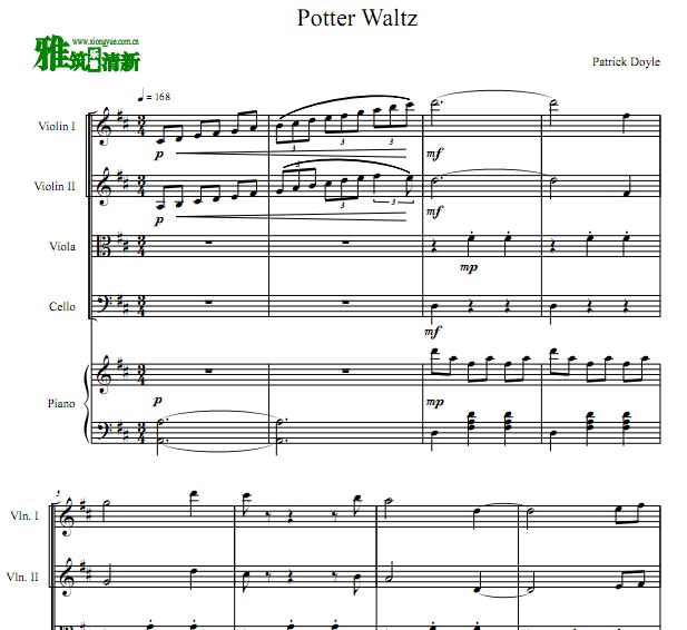 Potter Waltz 弦乐钢琴五重奏谱