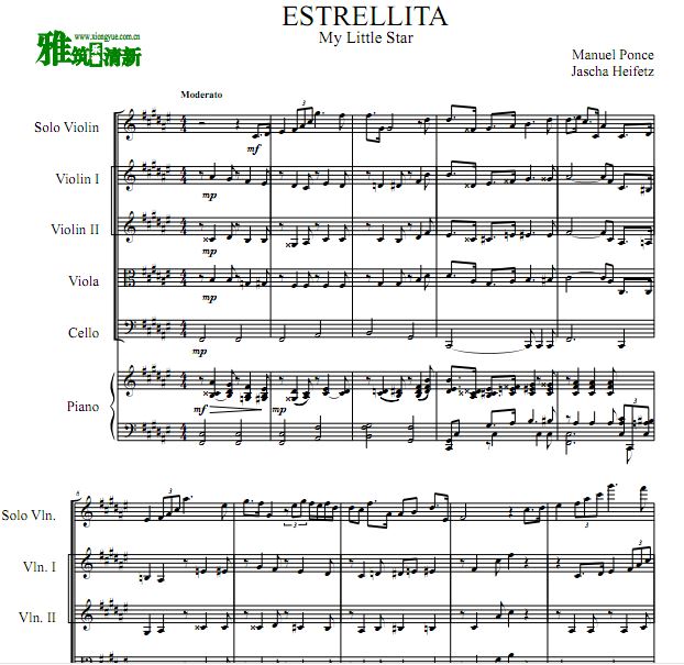 庞塞 Estrellita 小星星小提中提大提钢琴六重奏谱