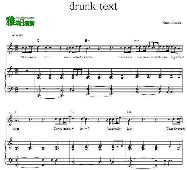 Henry Moodie - drunk text钢琴伴奏谱 正谱