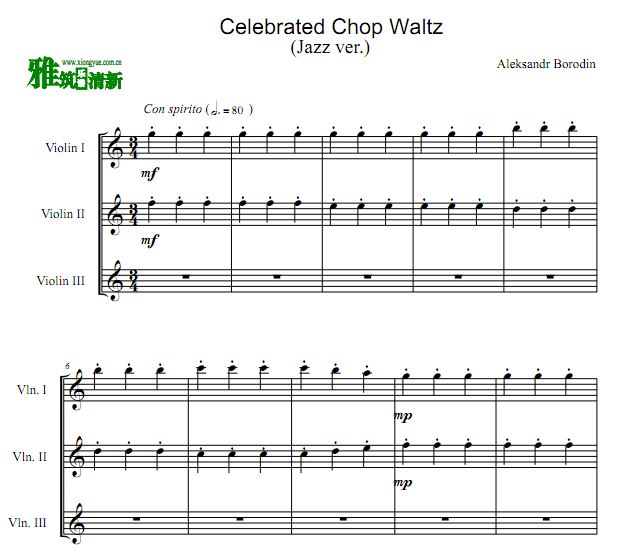 筷子华尔兹 Celebrated Chop Waltz小提琴三重奏谱 爵士版