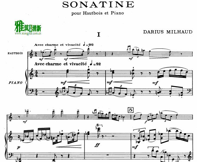 米约 Milhaud - Sonatine for Oboe and Piano 双簧管钢琴伴奏谱