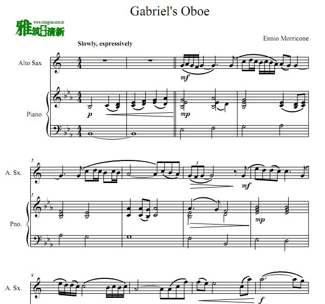 Gabriel's oboe 加布里埃尔的双簧管 萨克斯谱 钢琴伴奏谱