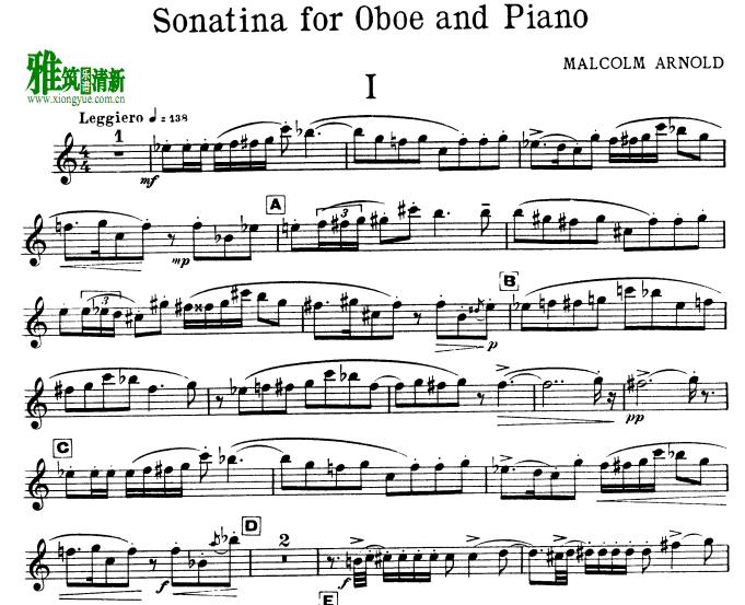 阿诺德 Arnold - Sonatina for Oboe and Piano, Op. 28双簧管谱