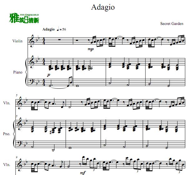 神秘园 柔板  Adagio 小提琴钢琴合奏谱