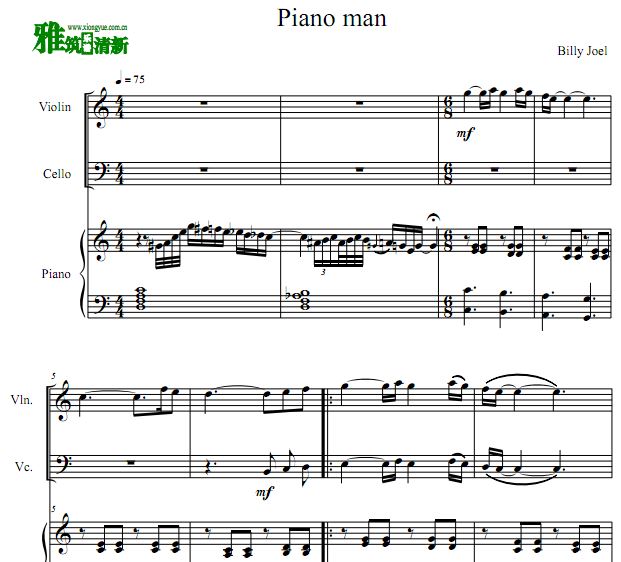 Piano Man 小提大提钢琴三重奏谱