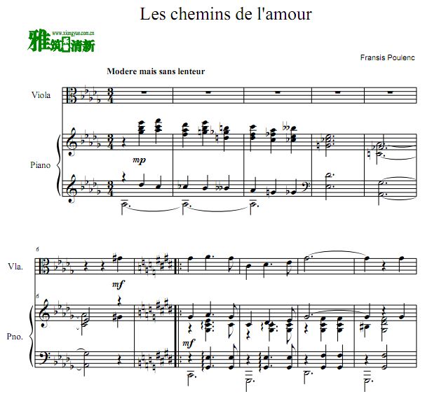 普朗克 爱的小径中提琴钢琴伴奏谱 Les Chemins De L'amour 中提琴谱