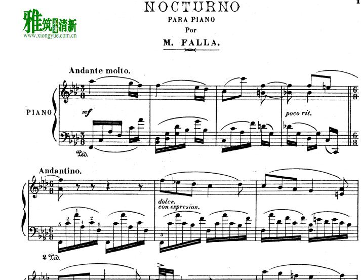 曼努埃尔·德·法雅 Manuel de Falla 夜曲 Nocturno钢琴谱