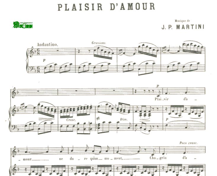 马蒂尼 爱情的喜悦 Plaisir d'amour声乐谱 