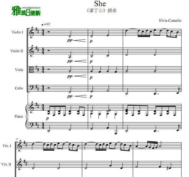 诺丁山插曲 she 二小提中提大提钢琴五重奏谱