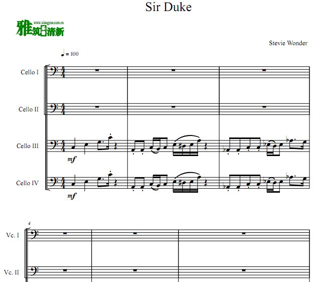 杜克爵士 Sir Duke 大提琴四重奏谱
