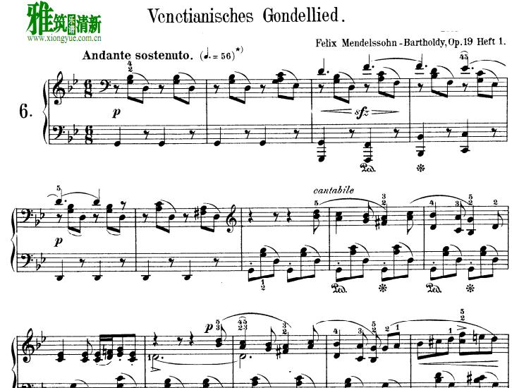 门德尔松  Venetianisches Gondelli  Op.19 No.6 钢琴谱