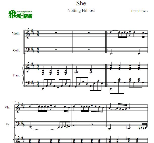  she 诺丁山插曲小提琴大提琴钢琴合奏谱