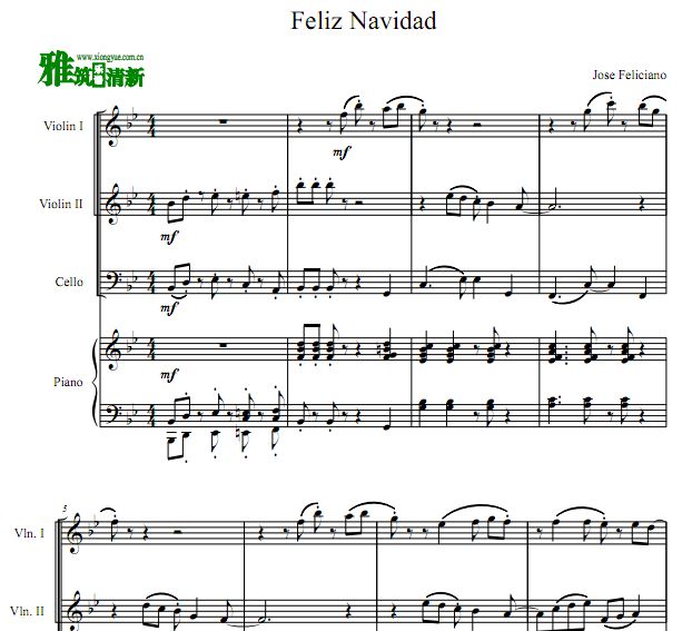 Feliz Navidad二小提大提钢琴四重奏谱