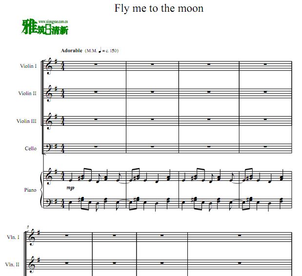 Fly Me To The Moon 三小提琴一大提钢琴合奏谱
