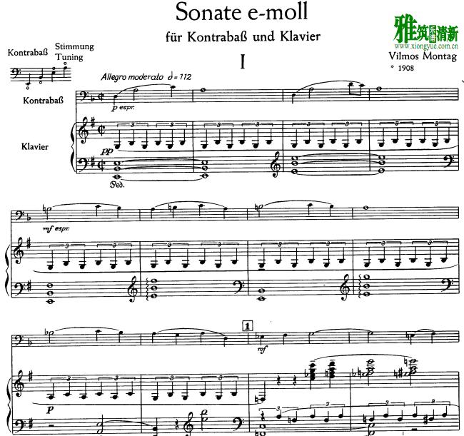 Vilmos Montag - Sonata in E minor Double bass and Piano 低音提琴钢琴伴奏谱