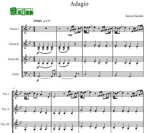 神秘园 - Adagio 柔板三小提琴大提琴四重奏谱