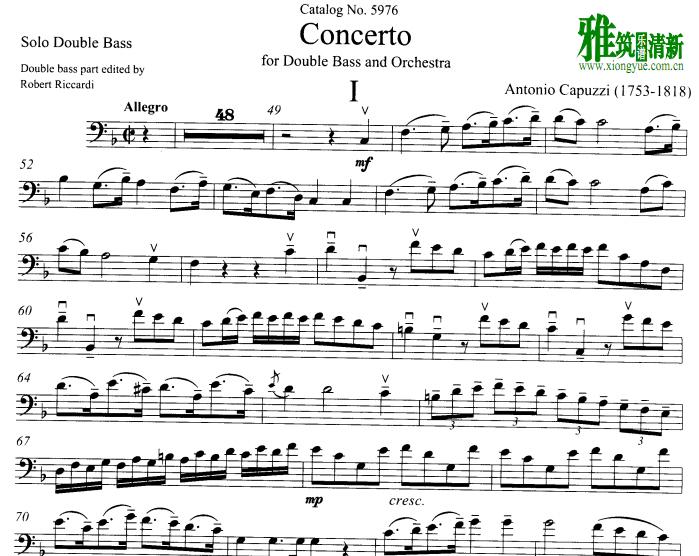 卡比契 F大调低音提琴协奏曲低音提琴谱 Capuzzi - Concerto for Double bass in F Major