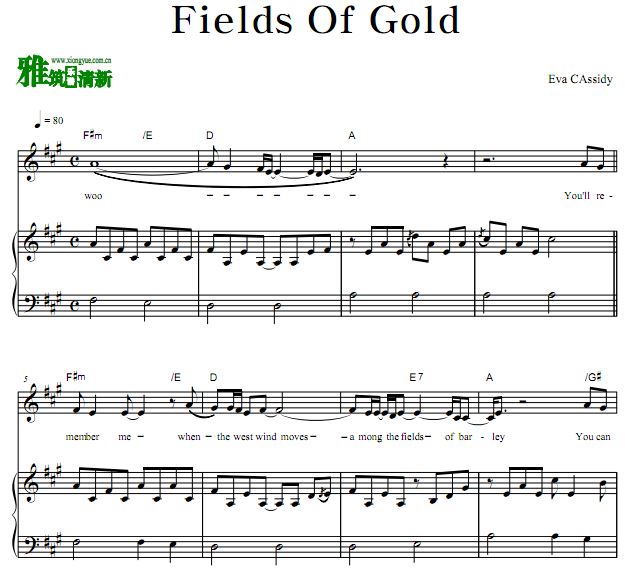 Eva Cassidy - Fields Of Gold 原谱 钢琴谱 歌谱
