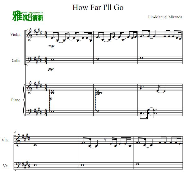 How Far I'll Go 海洋奇缘主题曲小提大提钢琴三重奏谱