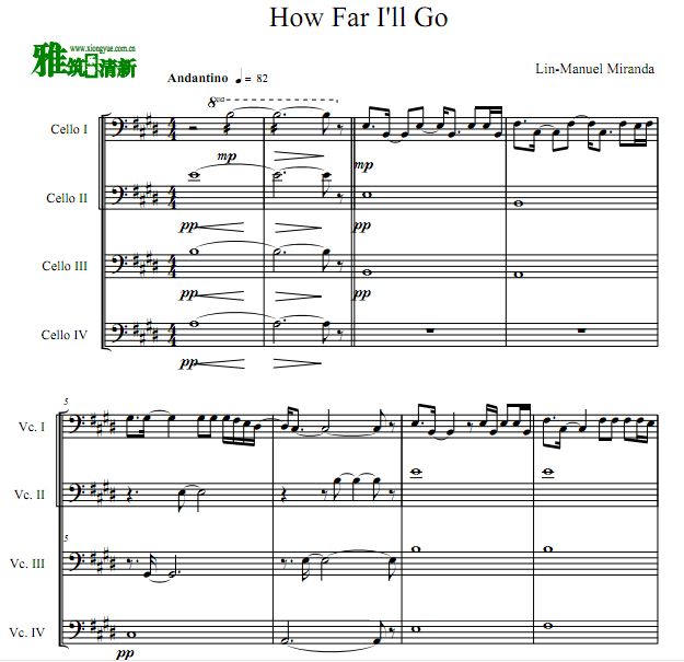 How Far I'll Go 海洋奇缘主题曲大提琴四重奏谱