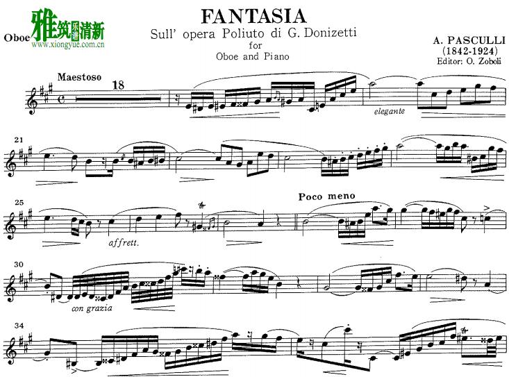 安东尼奥 帕斯库利 幻想曲选自多尼采蒂 歌剧《波流托》Antonio Pasculli Fantasia双簧管谱 