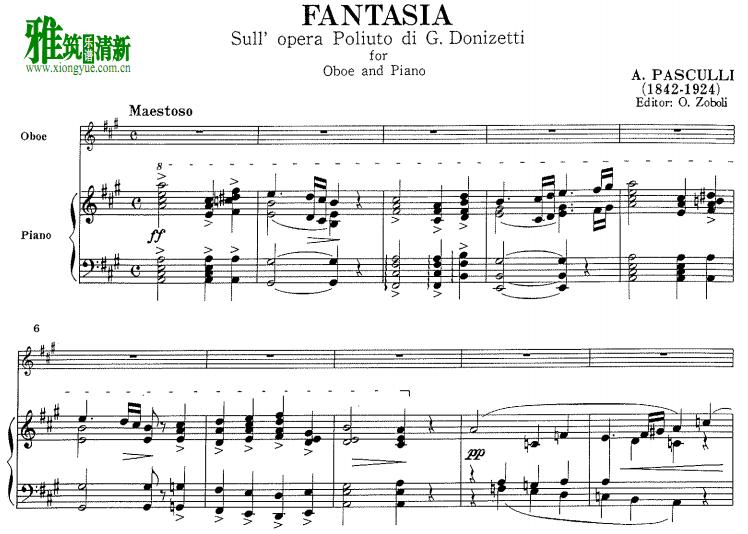 安东尼奥 帕斯库利 幻想曲选自多尼采蒂 歌剧《波流托》Antonio Pasculli Fantasia双簧管钢琴伴奏谱