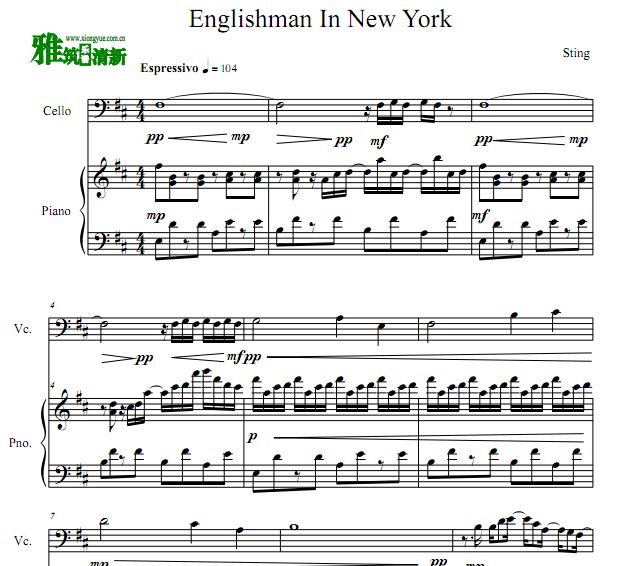 Englishman In New York 大提琴谱 钢琴伴奏谱