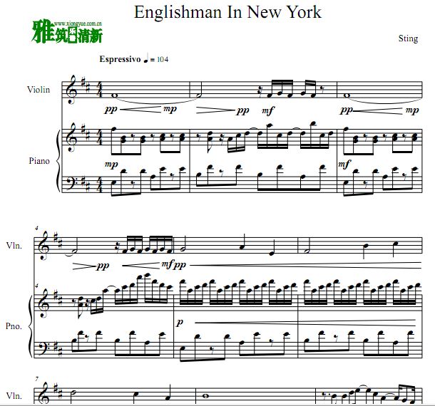 Englishman In New York 小提琴钢琴合奏谱