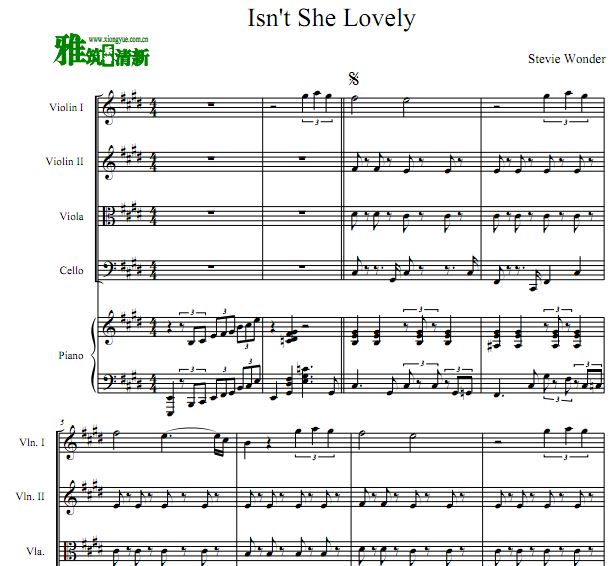 Isn't She Lovely 弦乐四重奏钢琴伴奏谱 Isn't She Lovely 钢琴五重奏谱