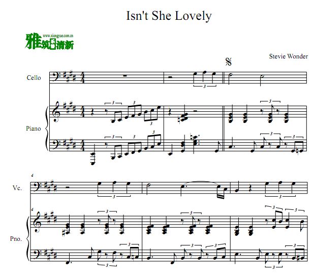 Isn't She Lovely 大提琴钢琴二重奏谱