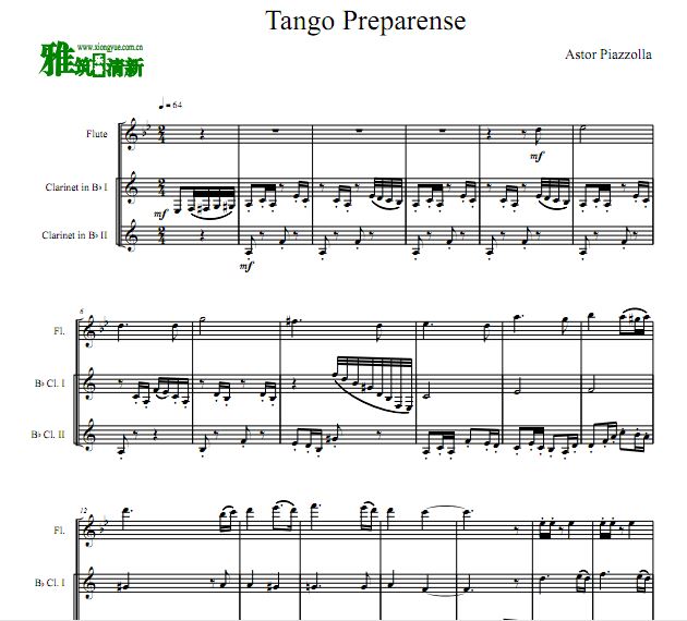 皮亚佐拉 - Tango Preparense管乐三重奏谱