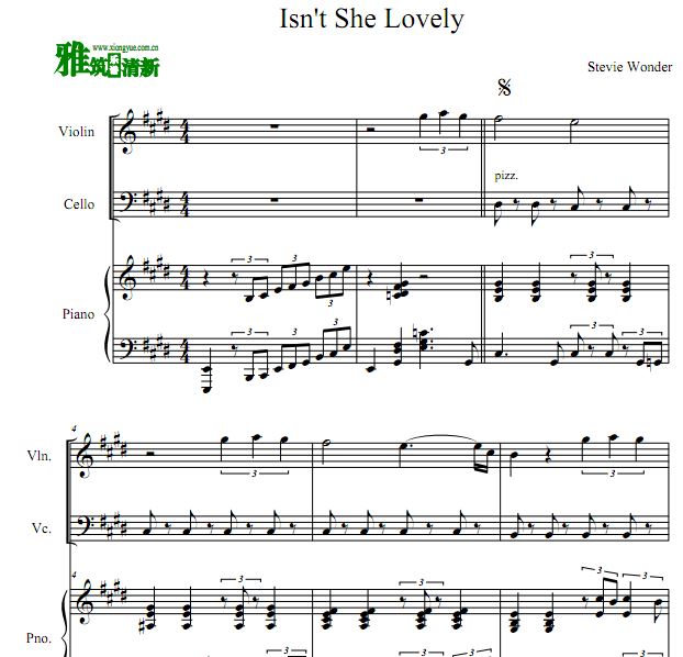 Isn't She Lovely 小提琴大提琴钢琴合奏谱