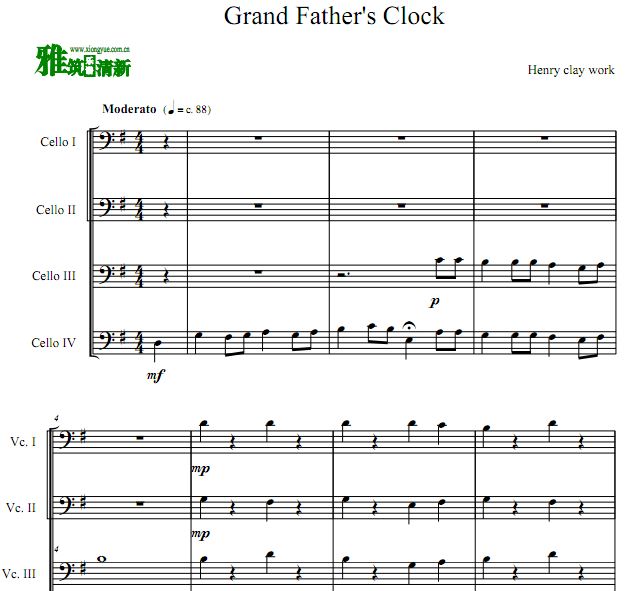 Grandfather's Clock 古老的大钟大提琴四重奏谱