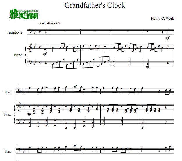 爷爷的大钟 Grandfather's Clock 长号钢琴合奏谱