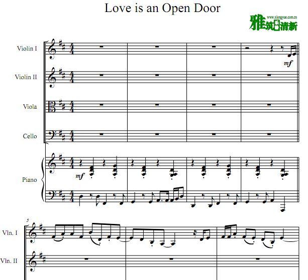 Love Is an Open Door 弦乐钢琴五重奏谱